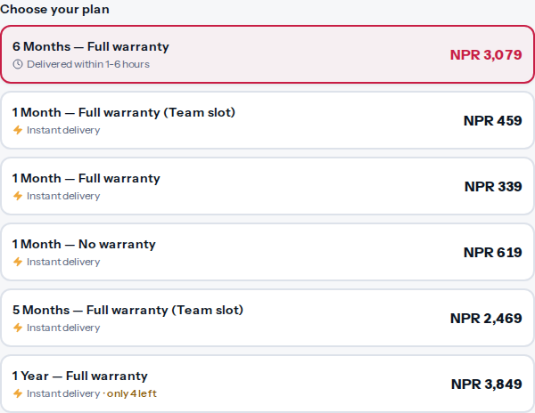 CapCut Pro plan selector showing team-slot labels, durations, warranty terms and NPR prices
