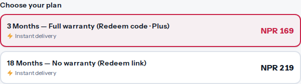 Google Gemini plan selector showing Plus redeem-code and redeem-link options in NPR
