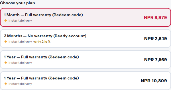Replit Core plan selector comparing redeem-code and ready-account options with NPR prices